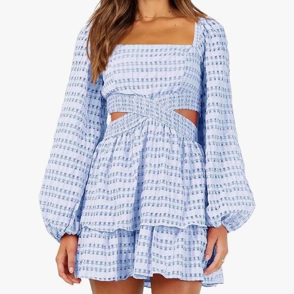 Shy Velvet Blue Plaid Cut Out Square Neck Dress Women's Medium - Picture 1 of 6